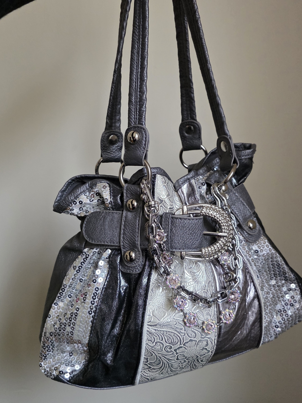 Silver and Gray Metallic Shoulder Bag with Chain Accent